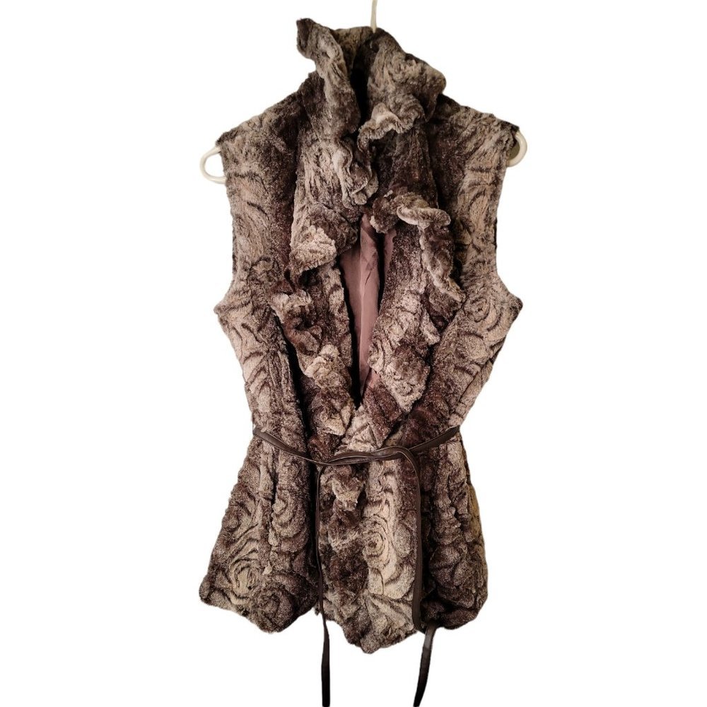 Damselle New York Medium Women's Vest Ruffle Hook Clasp Faux Fur Belted